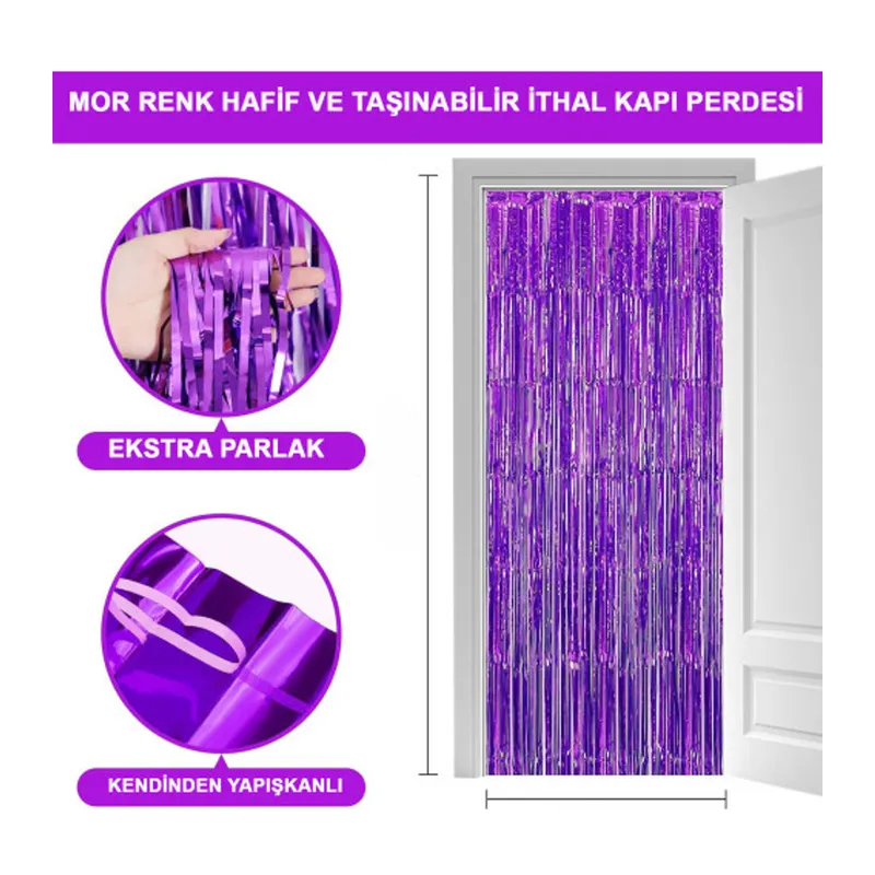 Mor Renk Ekstra Metalize Parlak Saçaklı Arka Fon Perde İthal A Kalite 1x2 Metre