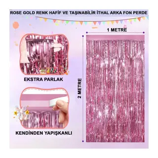 Rose Gold Renk Ekstra Metalize Parlak Saçaklı Arka Fon Perde İthal A Kalite 1x2 Metre
