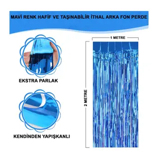 Mavi Renk Ekstra Metalize Parlak Saçaklı Arka Fon Perde İthal A Kalite 1x2 Metre