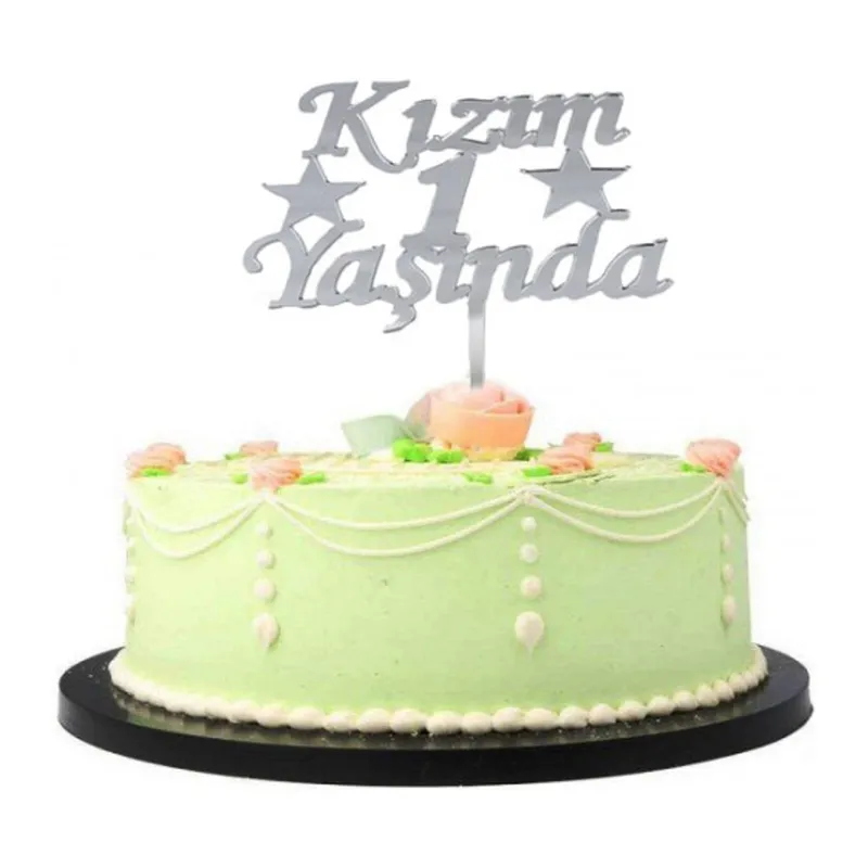 Kızım 1 Yaşında İlk Yaş Doğum Günü Partisi Pleksi Pasta Süsü Gümüş Renk
