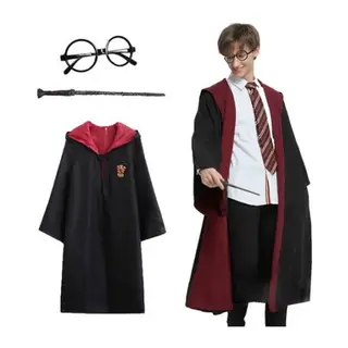 Harry Potter Gryffindor Kapişonlu Çocuk Kostüm + Asa + Gözlük Seti 9-10 Yaş