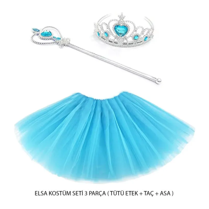 Mavi Prenses Elsa Kostüm Seti 3 Parça (Tütü Etek + Taç + Asa)