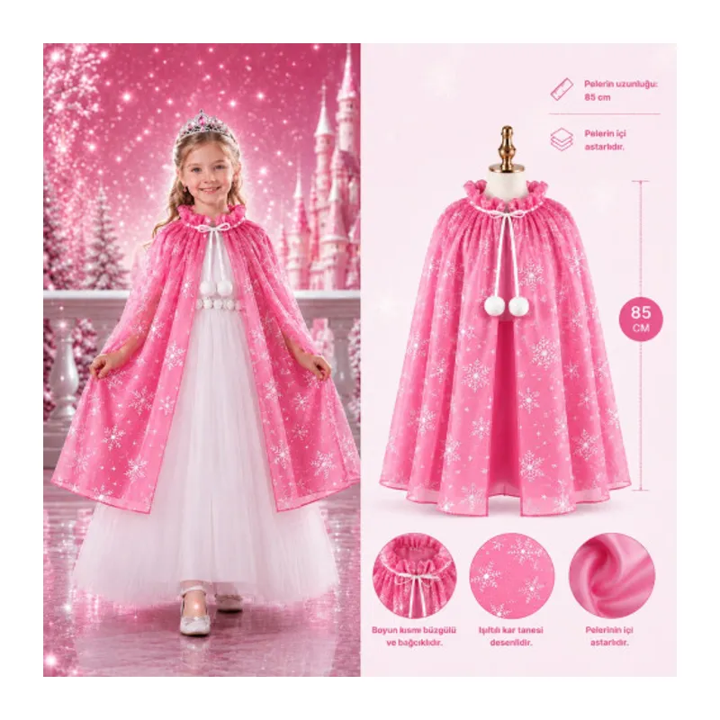 Kar Tanesi Desenli Pembe Elsa Pelerini - Astarlı Frozen Pelerini 85 cm