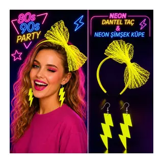 Neon Sarı Dantel Taç ve Şimşek Küpe 80'ler 90'lar Parti Seti