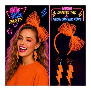 Neon Turuncu Dantel Taç ve Şimşek Küpe 80'ler 90'lar Parti Seti