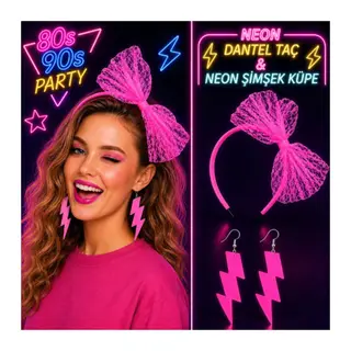 Neon Pembe Dantel Taç ve Şimşek Küpe 80'ler 90'lar Parti Seti