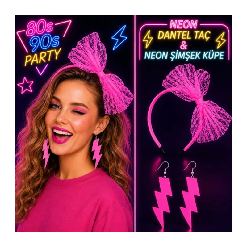 Neon Pembe Dantel Taç ve Şimşek Küpe 80'ler 90'lar Parti Seti