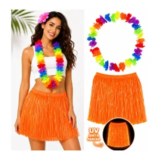 Neon Turuncu Hawaii Etek 40 cm ve Rengarenk Hawaii Kolye