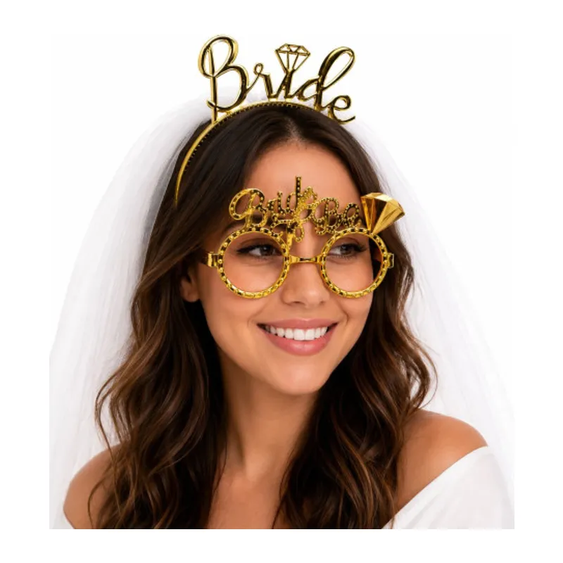 Bride Yazılı Gold Taç ve Parti Gözlüğü Seti