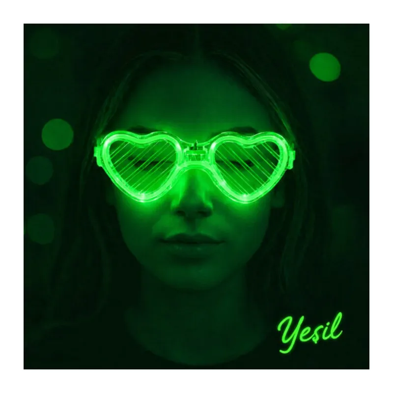Yeşil LED Işıklı Kalp Gözlük – 3 Modlu Parti & Glow Gözlüğü