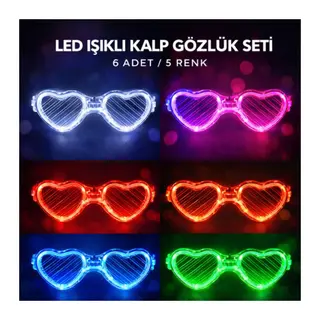 LED Işıklı Kalp Glow Pilli Parti Gözlüğü – 6 Adet / 5 Renk Set
