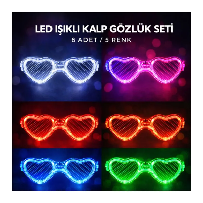 LED Işıklı Kalp Glow Pilli Parti Gözlüğü – 6 Adet / 5 Renk Set