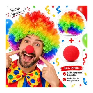 Rengarenk Bonus Saç ve Kırmızı Sünger Burun Seti