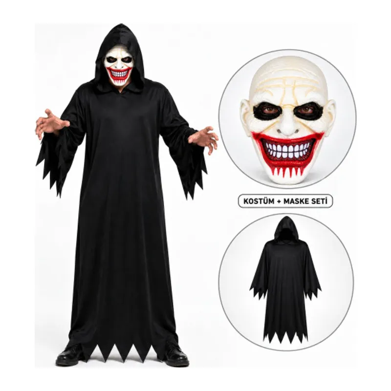 Kanlı Gülüş Maskeli Siyah Kapüşonlu Kostüm Seti 140 cm