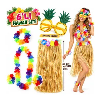 Hawaii Parti Kostüm Seti - 60 cm Hasır Etek, Çiçekli Aksesuarlar ve Ananas Gözlük