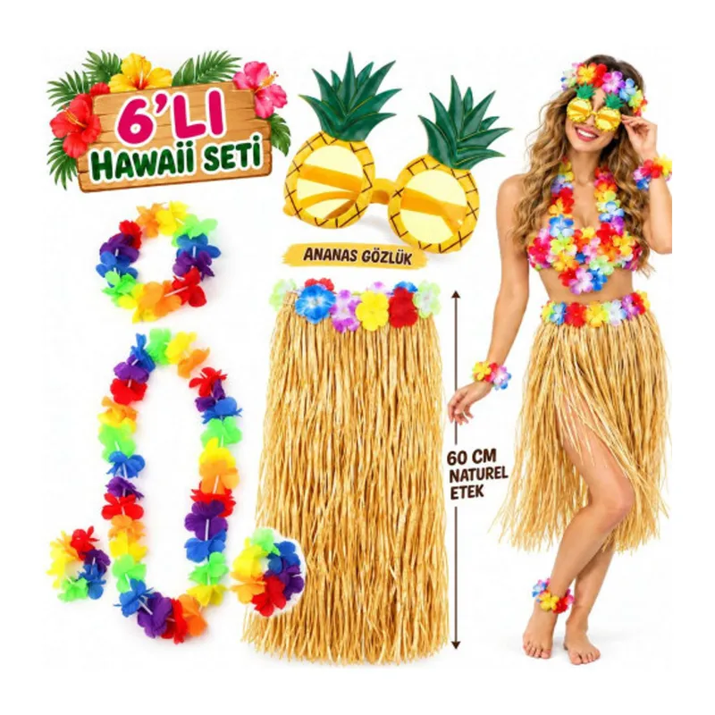 Hawaii Parti Kostüm Seti - 60 cm Hasır Etek, Çiçekli Aksesuarlar ve Ananas Gözlük