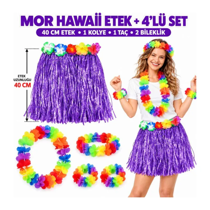 Luau Aloha Mor Hawaii Etek 40 cm ve 4’lü Hawaii Seti