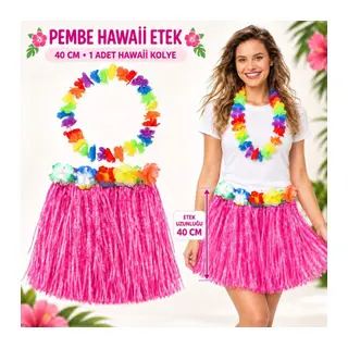 Hawaii Luau Aloha Pembe Püsküllü 40 cm Etek ve Hawaii Kolye Seti