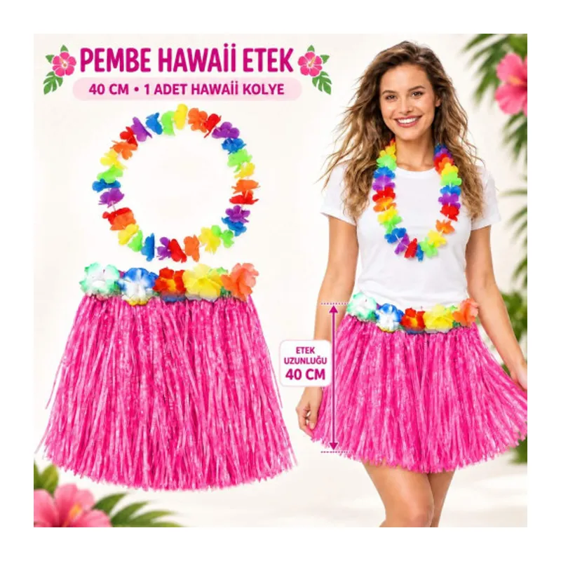 Hawaii Luau Aloha Pembe Püsküllü 40 cm Etek ve Hawaii Kolye Seti