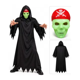 Fosforlu Kafatası Maskeli Siyah Hayalet Kostümü – 140 cm