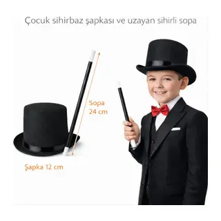 Çocuk Sihirbaz Şapkası ve Uzayan Yaylı Sihirli Sopa Seti