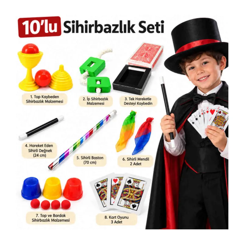10 Parçalı Çocuk Sihirbazlık Seti – Sihirli Değnek, Baston ve Sihir Oyunları