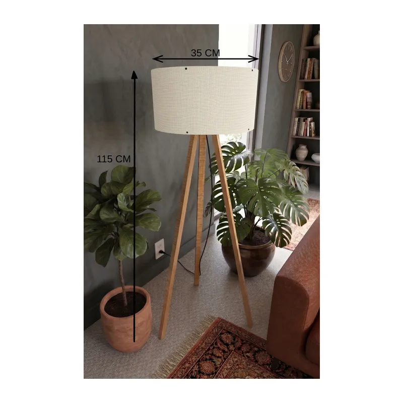 3 Ayaklı Tripod Lambader Krem Kumaş Başlık
