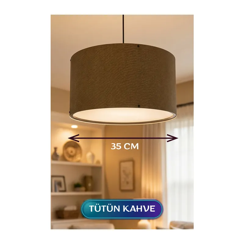 Tütün Kahve Kumaş Başlıklı Sarkıt Avize 35 CM