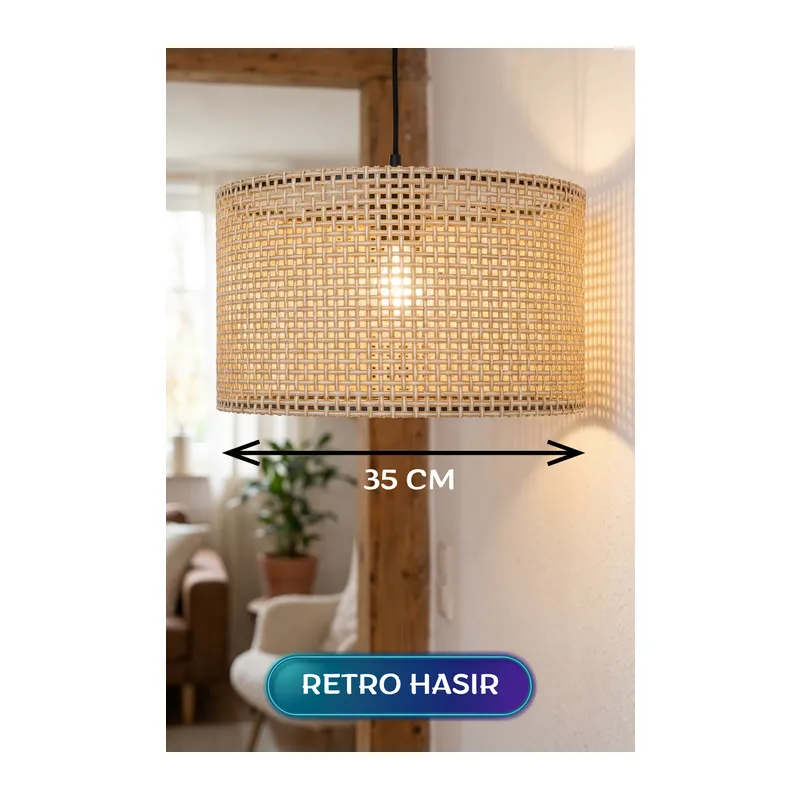 Retro Hasır Kumaş Başlıklı Sarkıt Avize 35 CM