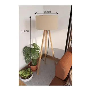 3 Ayaklı Tripod Lambader Bej Kumaş Başlık