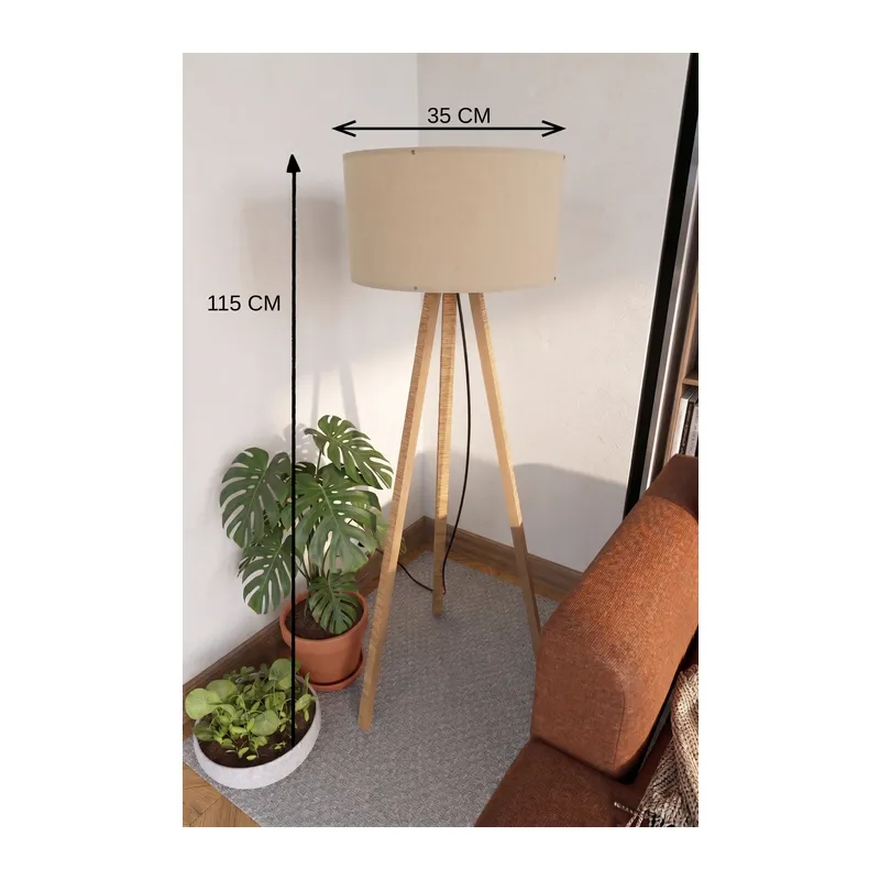 3 Ayaklı Tripod Lambader Bej Kumaş Başlık