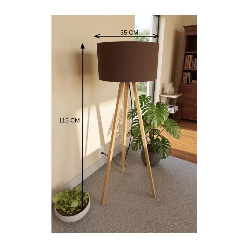 3 Ayaklı Tripod Lambader Kahverengi Kumaş Başlık