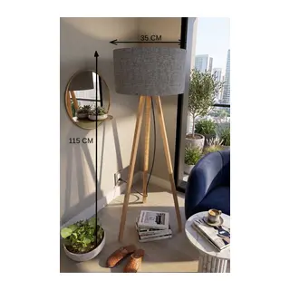 3 Ayaklı Tripod Lambader Koyu Gri Kumaş Başlık