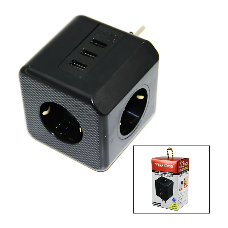 TERMAL AKIM KORUMALI 3X PRİZ 3X USB DUVAR TİPİ PRİZ SİYAH 10A - 2500W (5643)