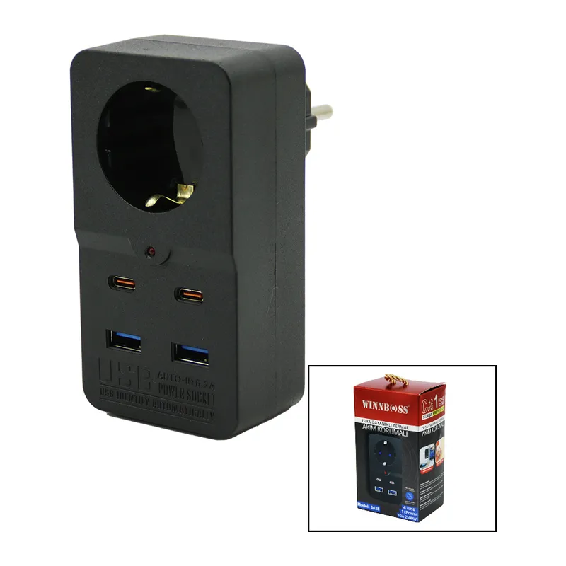 TERMAL AKIM KORUMALI 1XPRİZ 2X USB 2X TYPE-C DUVAR TİPİ PRİZ SİYAH 10A - 2500W (5643)