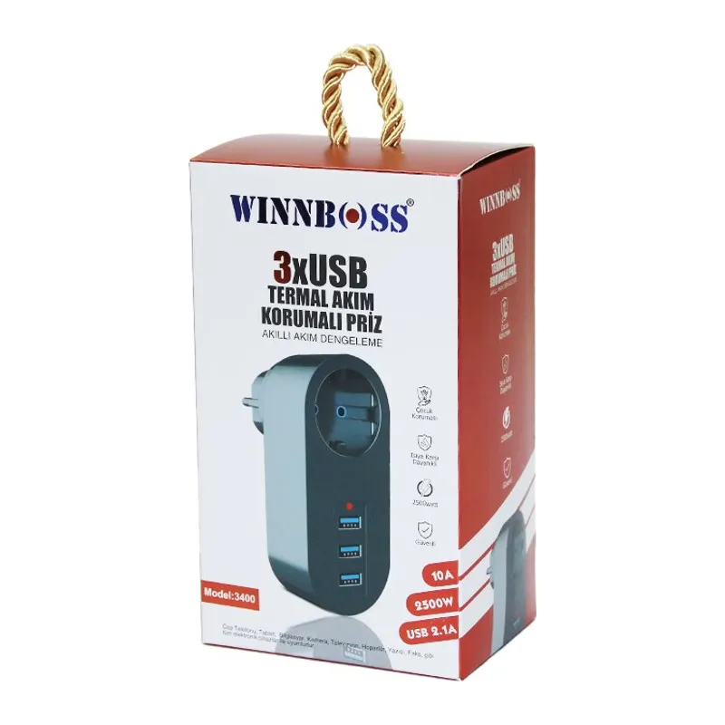 SİYAH TERMAL AKIM KORUMALI 1XPRİZ 3XUSB DUVAR TİPİ PRİZ 10A - 2500W (5643)
