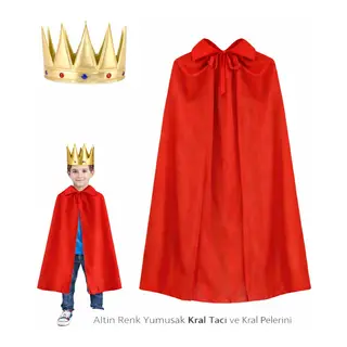 Çocuk Boy Kral Pelerini 90 cm ve Yumuşak Eva Kral Tacı Altın Renk (5643)