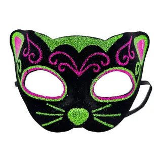 Siyah Kadife Kaplama Üzeri Pembe Yeşil Sim İşlemeli Kedi Maskesi 20x13 cm (5643)