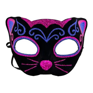 Siyah Kadife Kaplama Üzeri Pembe Mavi Sim İşlemeli Kedi Maskesi 20x13 cm (5643)