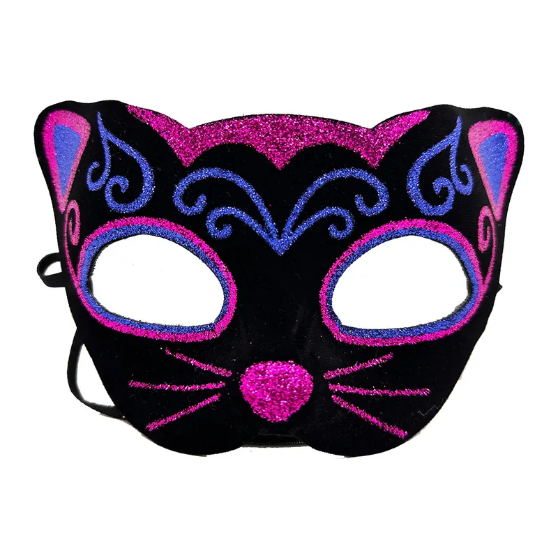 Siyah Kadife Kaplama Üzeri Pembe Mavi Sim İşlemeli Kedi Maskesi 20x13 cm (5643)