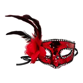 Kırmızı Renk Yandan Tüylü Güllü Gümüş Taşlı Pullu Maske 20x22 cm (5643)