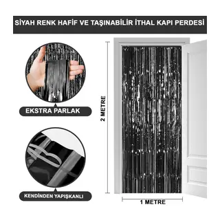 Siyah Renk Ekstra Metalize Parlak Saçaklı Arka Fon Perde İthal A Kalite 1x2 Metre (5643)