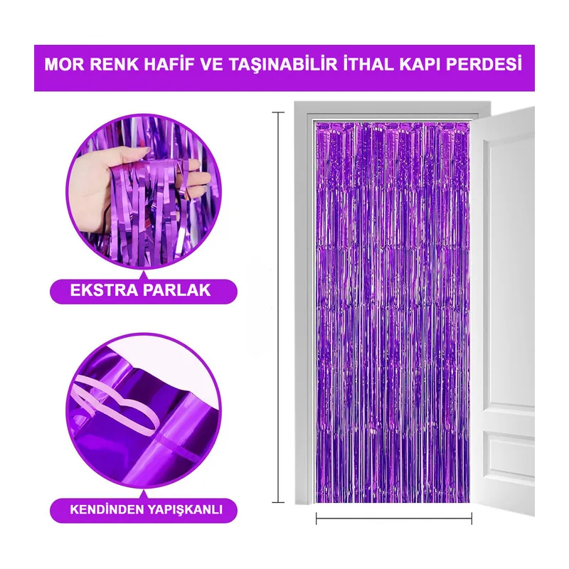 Mor Renk Ekstra Metalize Parlak Saçaklı Arka Fon Perde İthal A Kalite 1x2 Metre (5643)