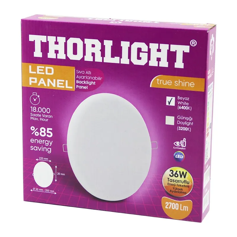 THORLIGHT S-236 36W 22CM BEYAZ LED PANEL SIVA ALTI AYARLI MANDALLI 6400K - 2700LM - 18000 SAAT - 2835 SMD (5643)