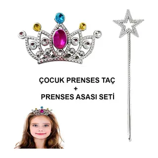 Çocuklar İçin Taraklı Prenses Tacı ve Prenses Yıldız Asa Seti Gümüş (5643)