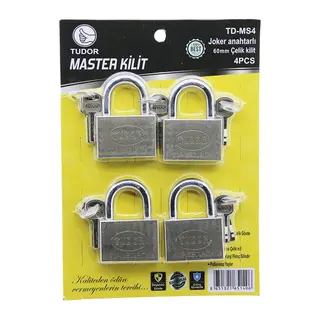 TUDOR TD-MS4 MASTER 4PCS JOKER ANAHTARLI=TEK ANAHTARLA 4 KİLİT AÇ 60MM - GRİ KISA KANCALI ÇELİK ASMA KİLİT (5643)