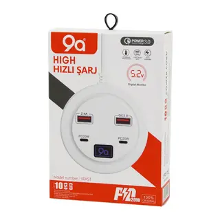 HIGH POWER 3.0 VFAST KY-100 ÇOKLU= 4 LÜ HIZLI ŞARJ SETİ 2AD -PD20W=TYPE-C - 2.1A + QC3.0= USB 2.4W (5643)