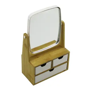 3 ÇEKMECELİ BAMBU AHŞAP STANDLI=9X9.5X18X21.5CM MAKYAJ AYNASI=15X18CM TAKILIK 2+1 ORGANİZER (5643)
