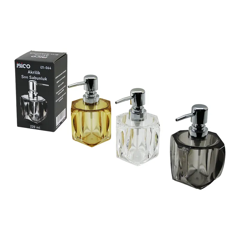 TOMBUL KARE - 4-KALPLİ GÖVDE ŞEFFAF - RENKLİ AKRİLİK - MİKA KRİSTAL SIVI SABUNLUK 220ML (5643)