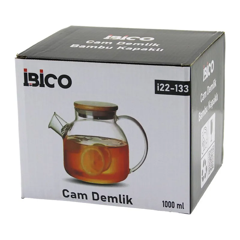 1000ML SADE DÜZ CAM DEMLİK BAMBU DIŞ YÜZEY - METAL İÇ YÜZEY - SİLİKON CONTALI KAPAK (5643)